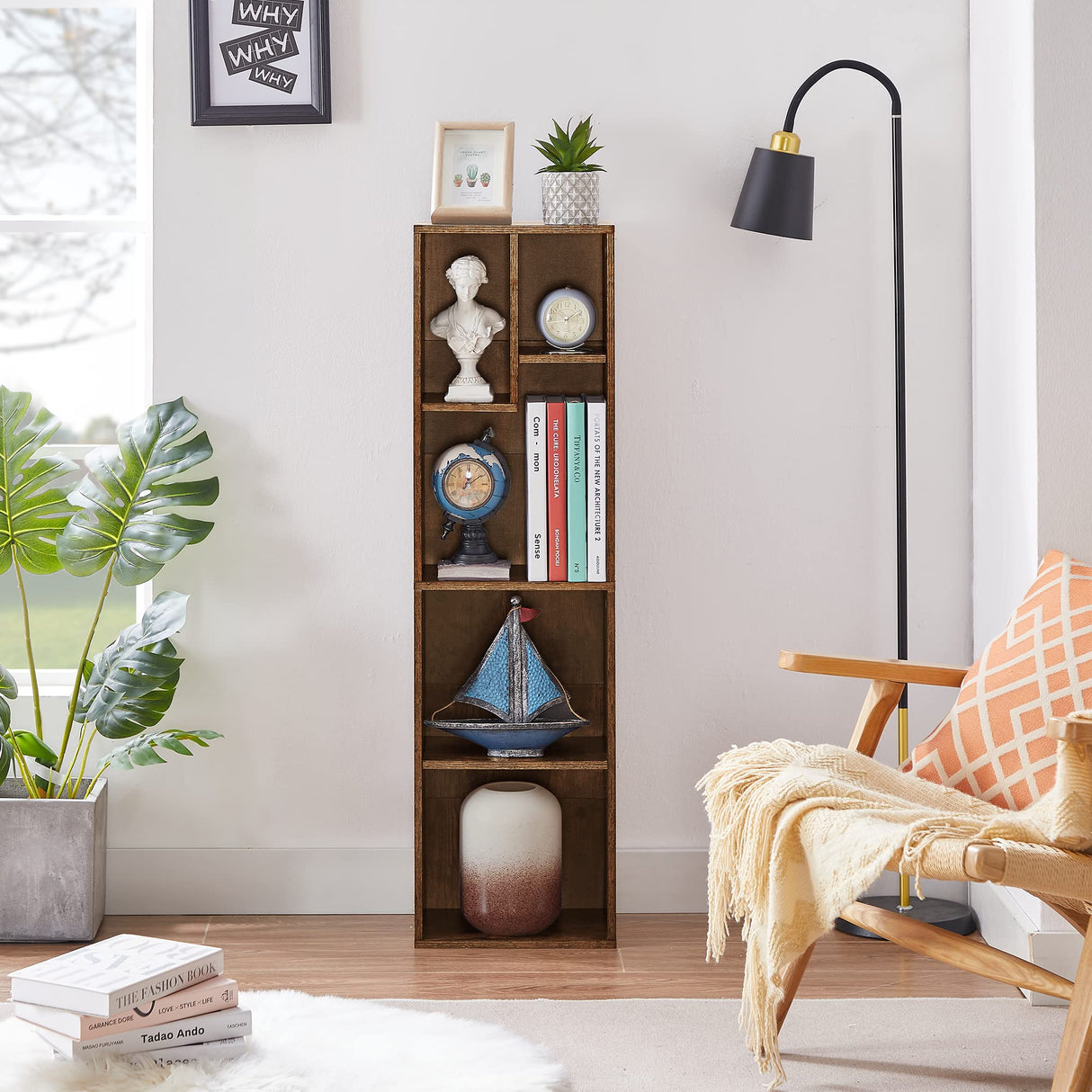 VECELO 4-Tier Bookcase, Modern Storage Cabinet with Height Difference Shelves for Standard Textbooks, 5 Cubes, Vertical or Horizontal, Easy Assembly, Rustic Brown VECELO