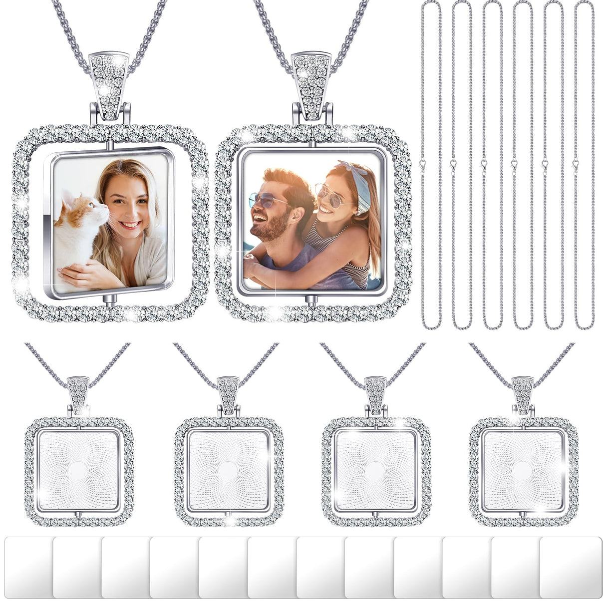 Junkin 24 Pcs Diamond Square Sublimation Rhinestone Trays Pendant Set Including 6 Double Sided Blank Rhinestone Bezel Trays 6 Pcs Thick Chains with 12 Sublimation Discs for Making Junkin