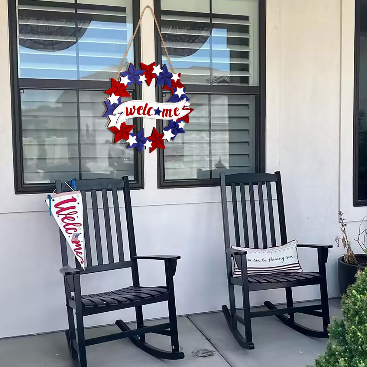 4th/Fourth of July Decorations Welcome Wreath for Front Door - Wooden Red White and Blue Star Sign, Patriotic Memorial Day Porch Home Wall Outside Decor 80UncleKimby