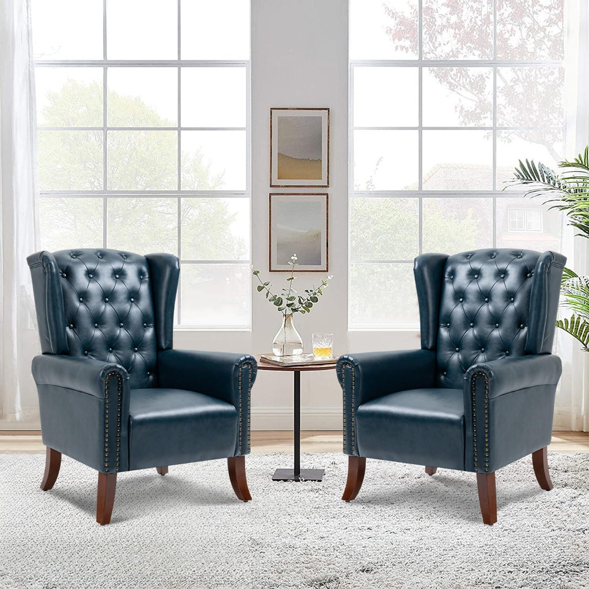 LOVSPATIO PU Leather Accent Chair Set of 2, Modern Upholstered Living Room Chair Sofa Chair with Wooden Legs, Wingback Armchair Club Chair for Bedroom,Study Room, Lounge (Dark Blue) LOVSPATIO