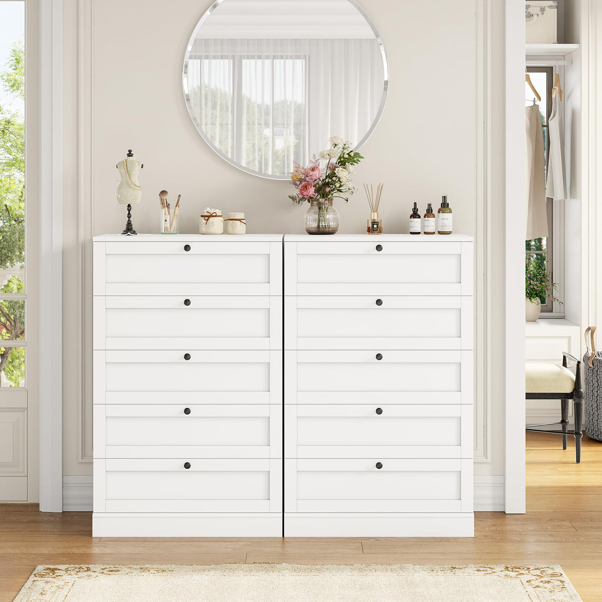 HOSTACK 5 Drawer Dresser for Bedroom, 43.7" Tall Dresser & Chest of Drawers, 29" W Drawer Chest with Metal Handles, Wood Vertical Dresser Storage Cabinet for Living Room, Hallway, Entryway, White HOSTACK