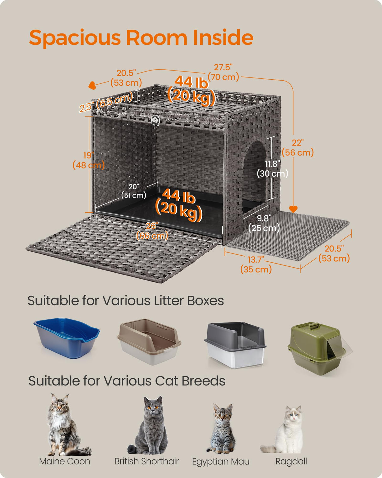 Feandrea Cat Litter Box Enclosure, Handwoven Rattan Hidden Litter Box Furniture with Extra Litter Mat, Removable Washable Tray, Boho Cat House, End Table, Dove Gray UPCL014G01 Feandrea