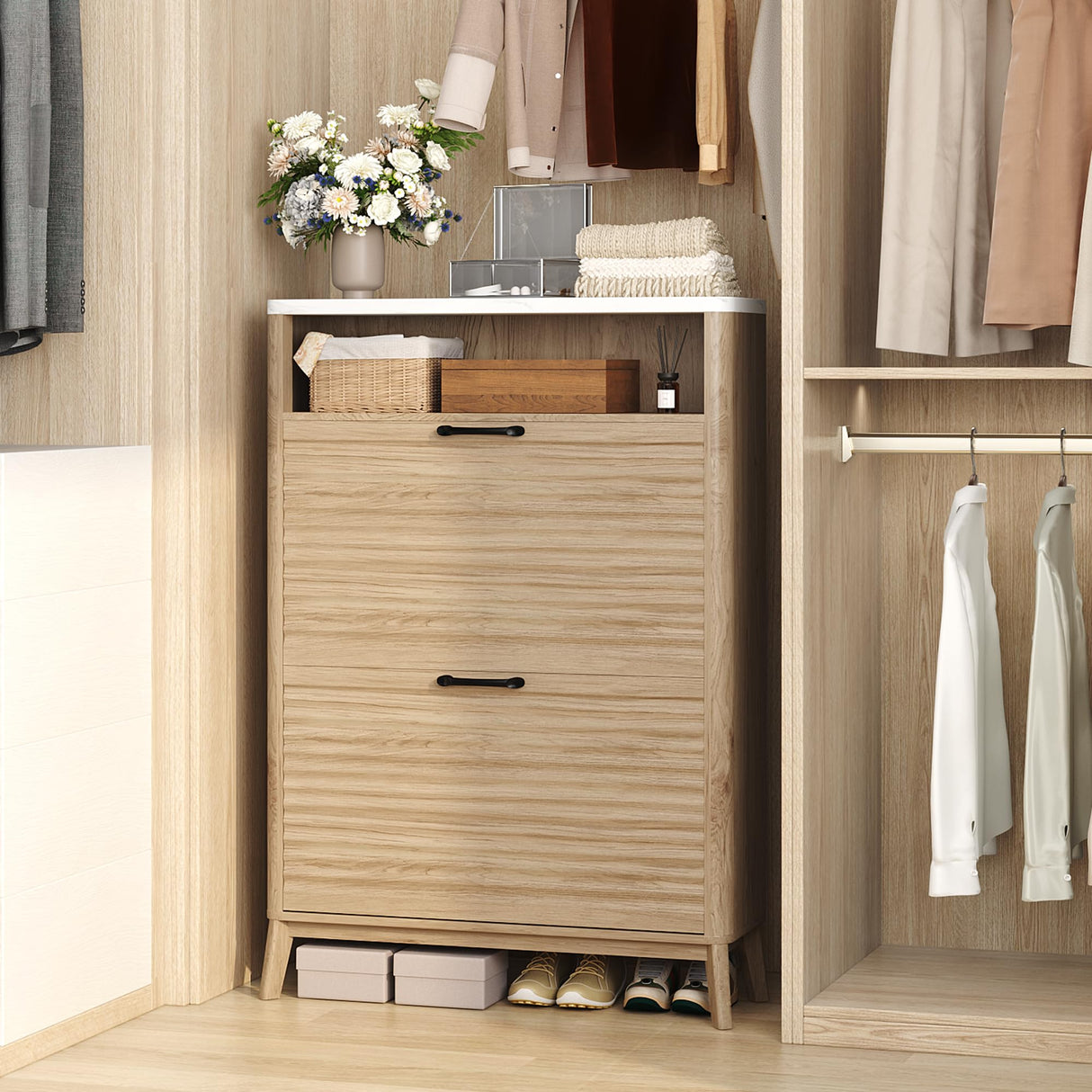 HOMEFORT Shoe Storage Cabinet for Entryway, 31.5" Fluted Shoe Cabinet with 2 Flip Drawers, Mid-Century Modern Hidden Shoe Rack Organizer, Slim Shoe Cabinet for Front Door Entrance, Natural Oak HOMEFORT