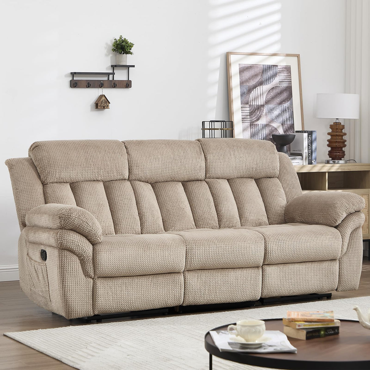 CANMOV Recliner Sofa Set, Manual Reclining Sofa with Overstuffed Armrest for Living Room,Bedroom Furniture,Office,3 Seat Light Brown CANMOV