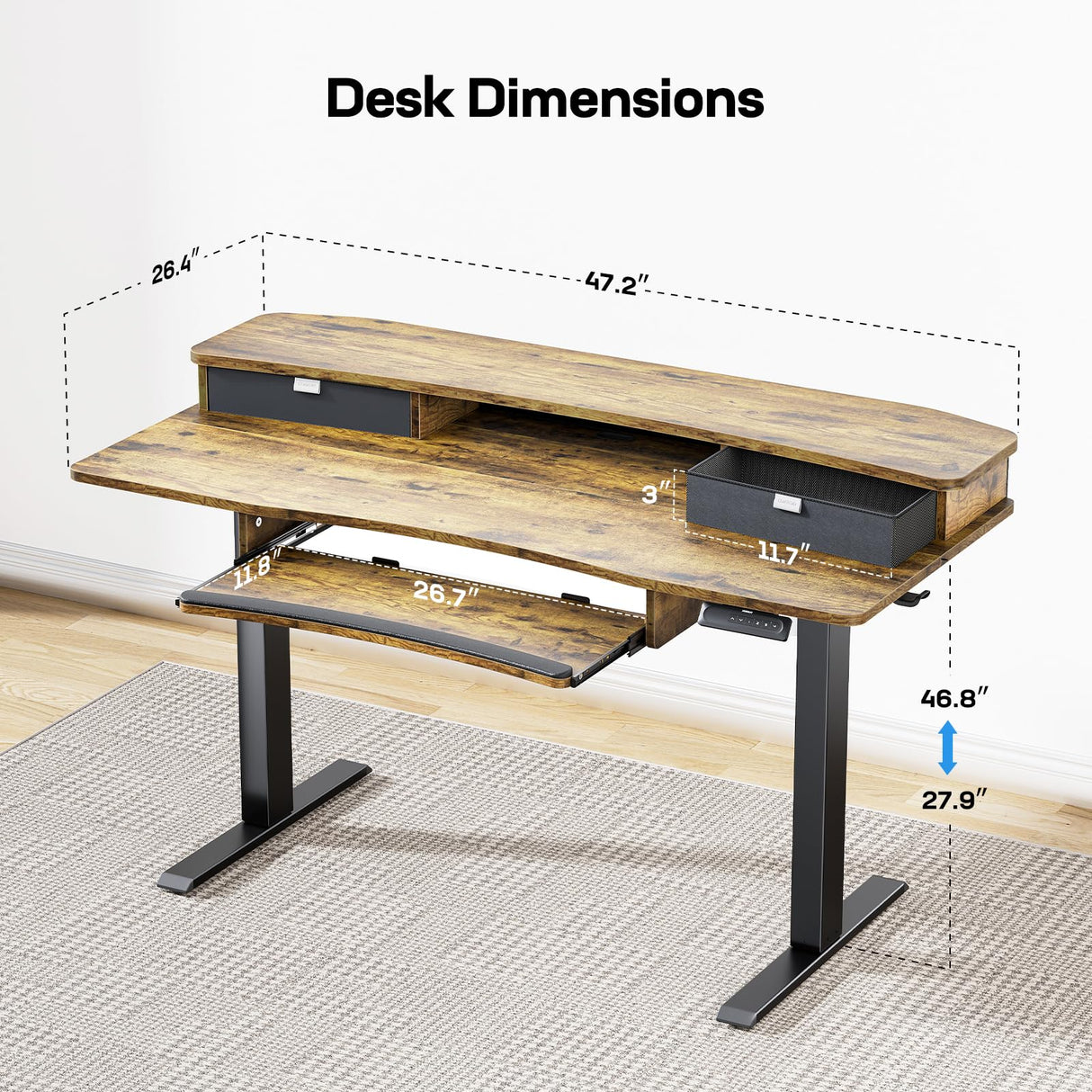 HUANUO 48" x 26" Electric Standing Desk with 2 Drawers & 26.7" Large Keyboard Tray, C-Clamp Mount Compatible, Adjustable Computer Desk for Home Office, Stand Up Desk with 4 Height Presets, Vintage HUANUO