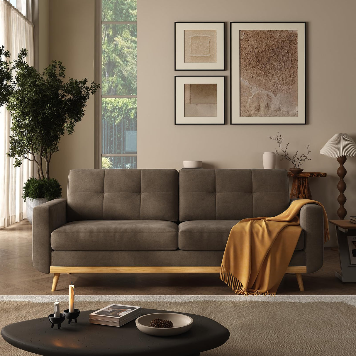 67.7” Loveseat Sofa, Mid Century Modern Decor Love Seat Couches for Living Room, Button Tufted Upholstered Small Couch for Bedroom, Solid and Easy to Install Love Seats Furniture (Brown, 67.7inch) Generic