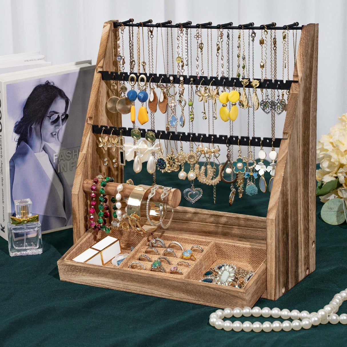 DGWJSU Jewelry Organizer Stand, 5 Layer Earring Holder Organizer with Necklace Holder, Rustic Wood Earring Organizer Display for Stud Earring Bracelet Necklace Ring, Watches DGWJSU
