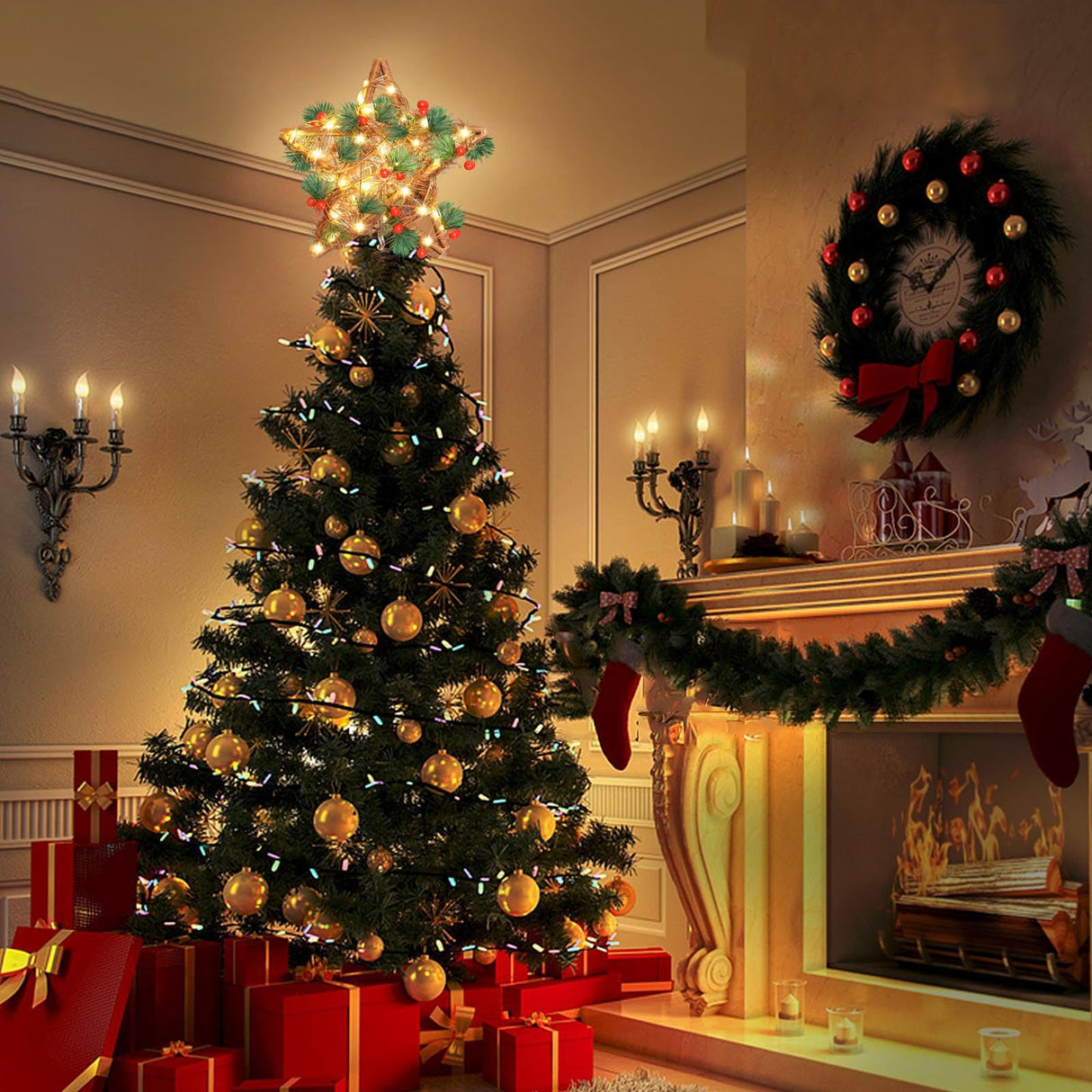 Windpnn Upgraded Star Christmas Tree Topper for Christmas Decorations, Natural Star with Rustic Christmas Ornaments, for Indoor Office Farmhouse Xmas New Year Holiday Tree Decorations (Warm White) Windpnn