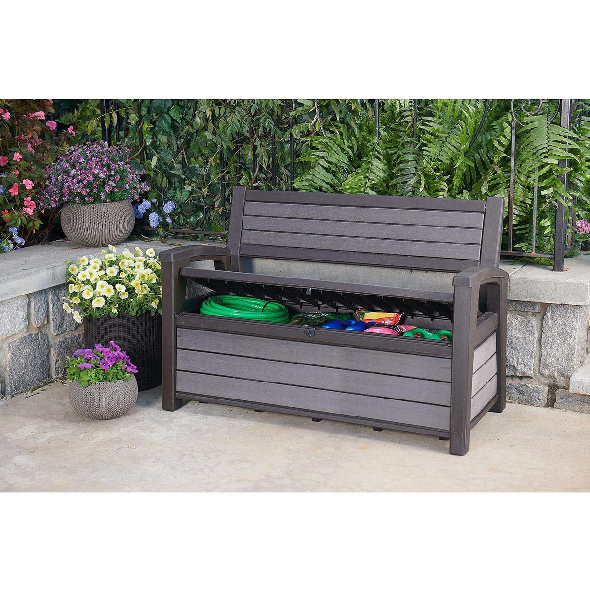 Keter Hudson 60 Gallon Capacity Plastic Resin Weather Resistant Outdoor Home Backyard Storage Bench/Deck Box Chest Patio Furniture, Gray Keter