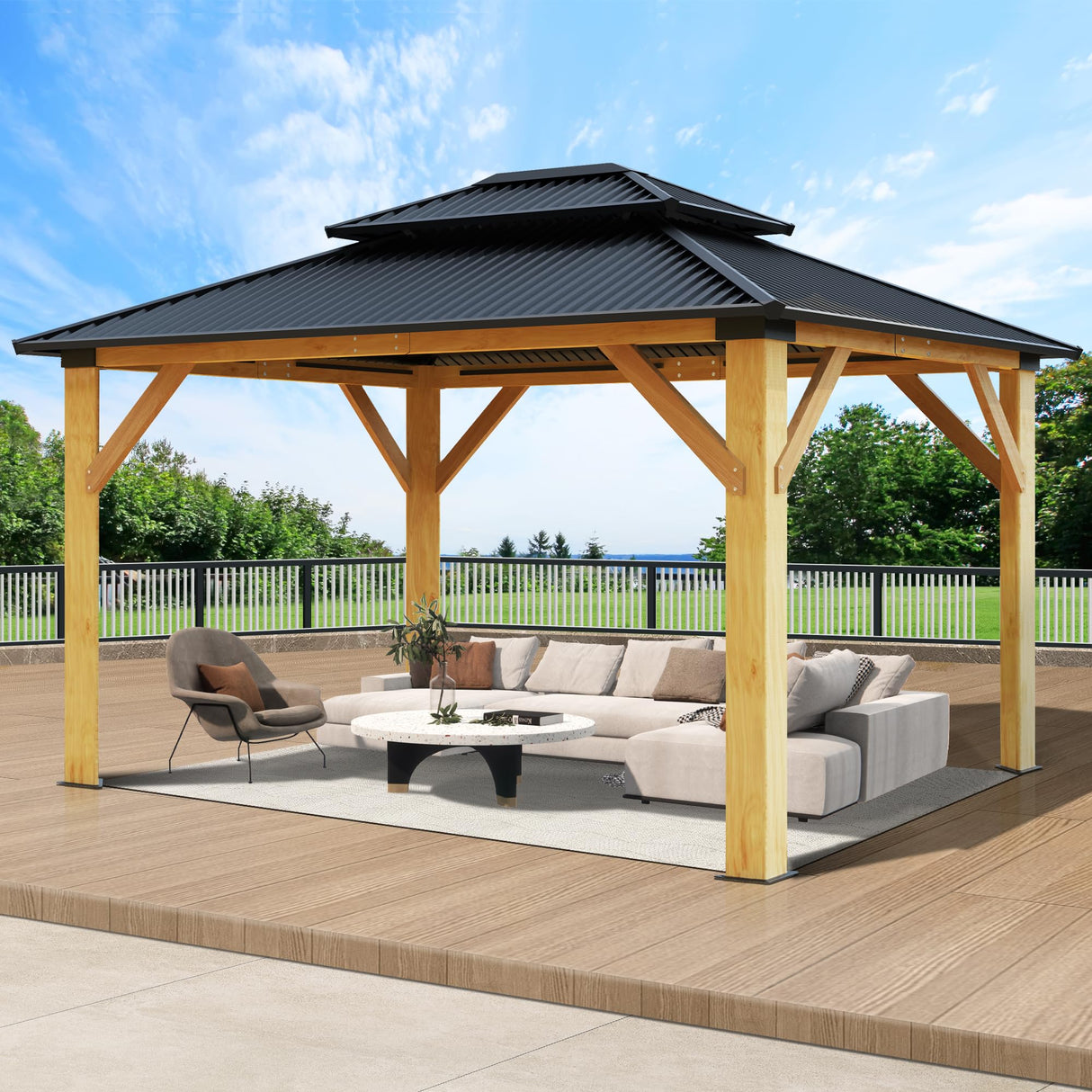 COVERONICS 11FT x 13FT Outdoor Cedar Wooden Gazebo - Patio Wood Frame Gazebo with Galvanized Steel Hardtop, Heavy-Duty Hardtop Gazebo for Garden, Poolside, Deck, Backyard COVERONICS