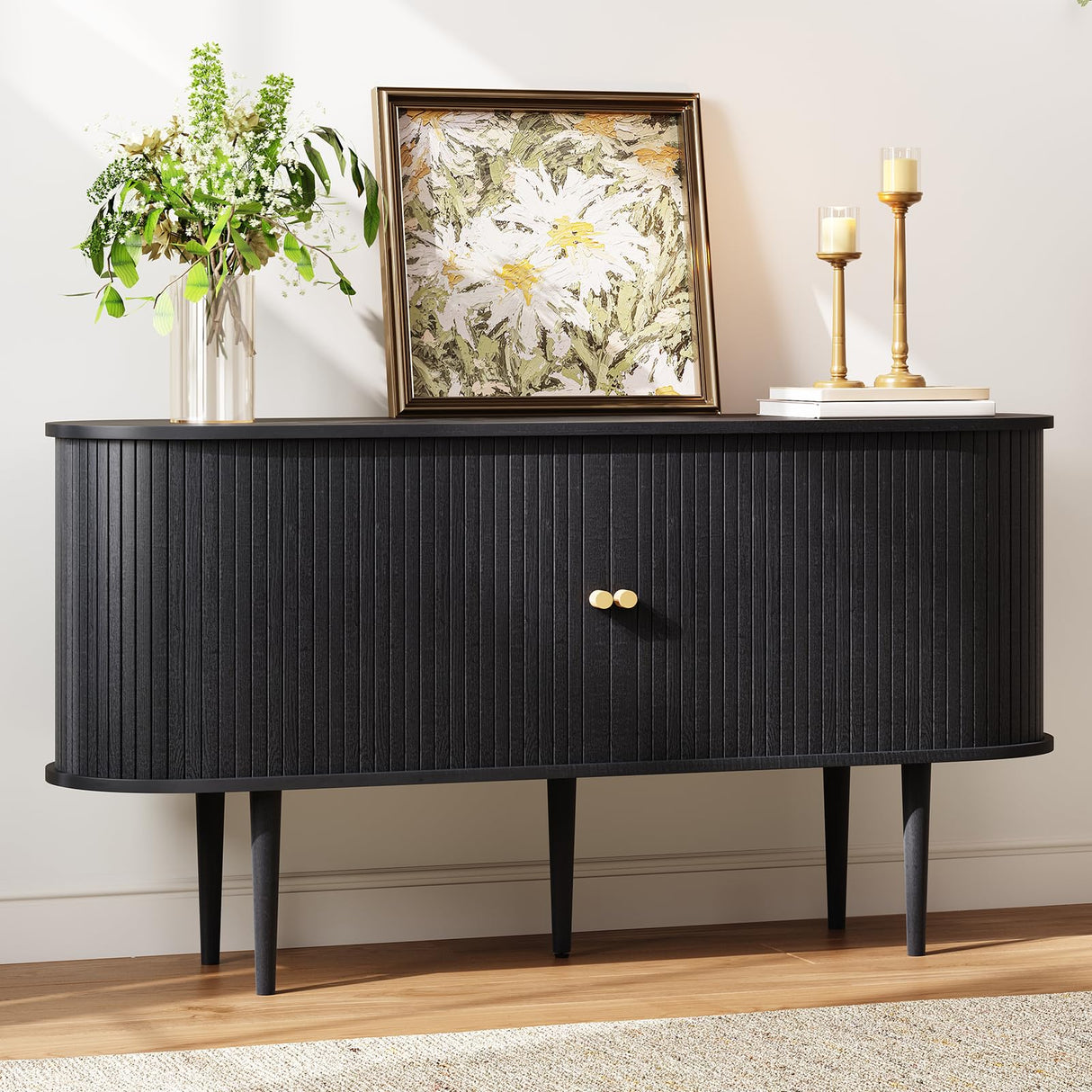 AMERLIFE 55" TV Stand with Solid Wood Legs, Mid Century Modern TV Console with Tambour Door for 80-inch TV, Dust-Proof Storage Cabinet for Living Room, Embossed Black AMERLIFE