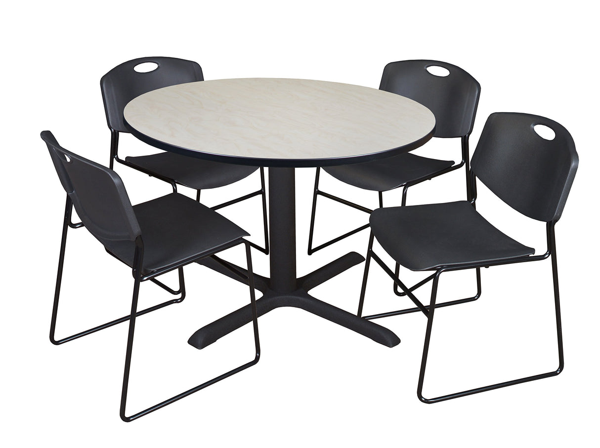 Cain 48" Round Breakroom Table- Maple & 4 Zeng Stack Chairs- Black Regency