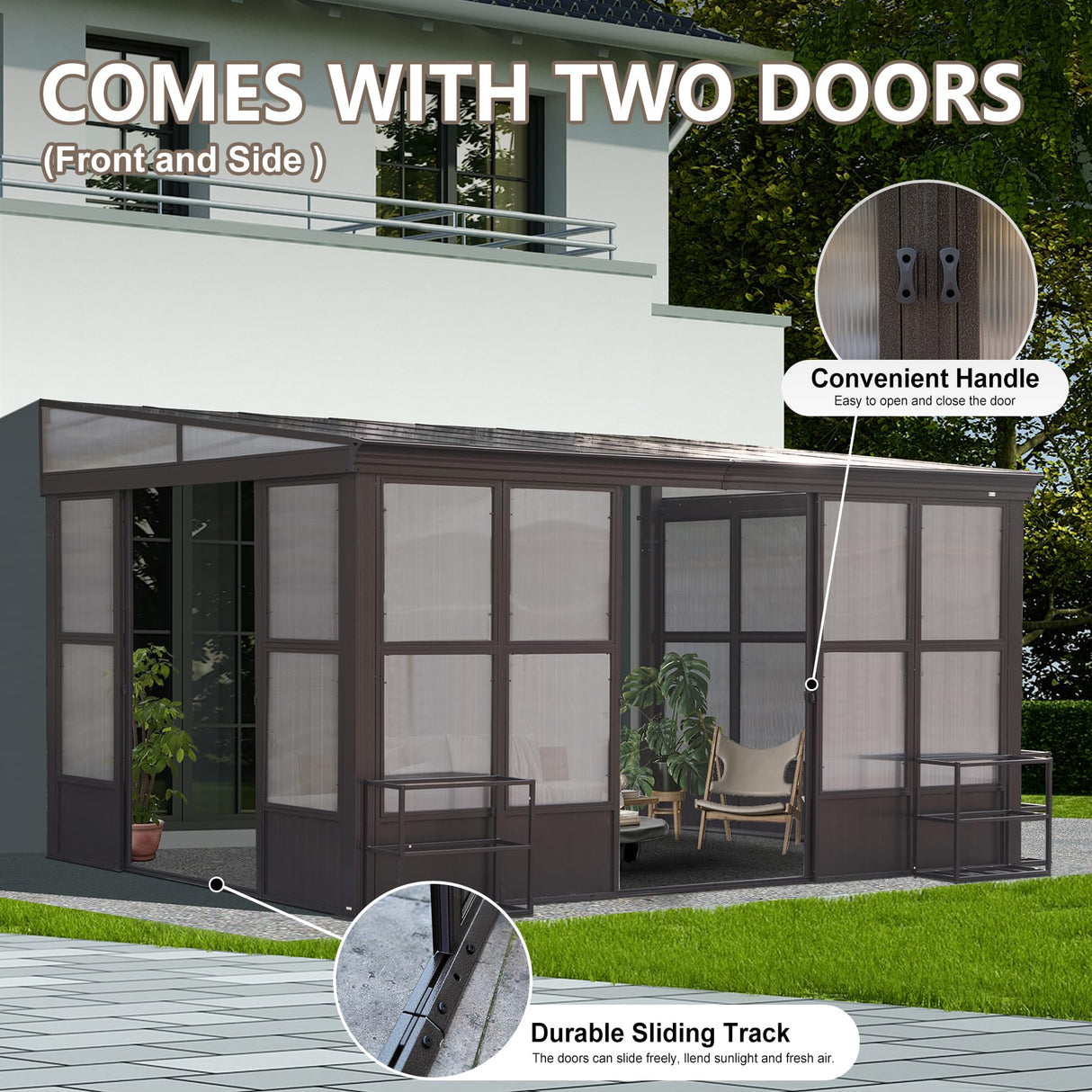 Domi Lean-to Sunroom 10x12FT, Wall Mounted Solarium with Sloping Polycarbonate Roof, Detachable Polycarbonate Screens, 2 Lockable Sliding Doors, Aluminum Gazebo Against Wall Sun Room for Patio Deck domi outdoor living