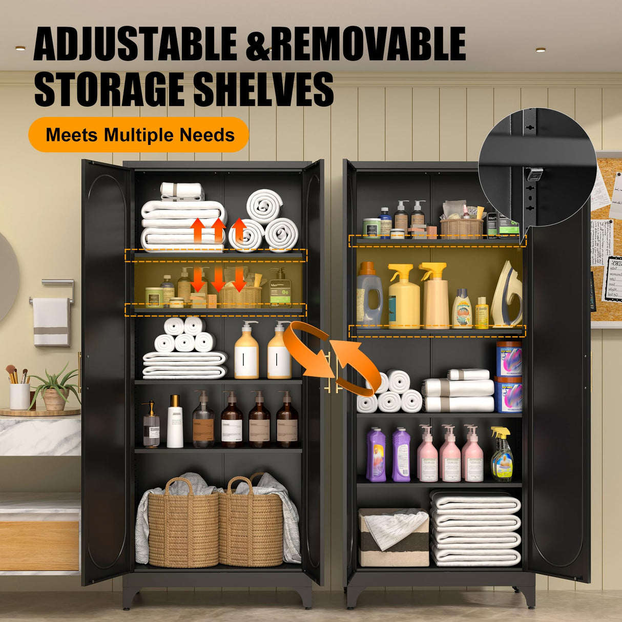 Metal Storage Cabinet with Doors, 75" Tall Kitchen Pantry Storage Cabinets, Black Pantry Cabinets with Adjustable Shelves, Home Office Cabinet, Large Cupboard, High Leveling Feet- Assembly Required MetalMax