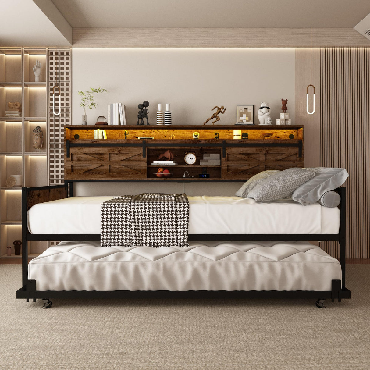 Daybed with Trundle and LED Light, Farmhouse Twin Daybed Frame with Storage Headboard & Charging Station, Heavy Duty Metal Day Bed with Sliding Barn Door for Living Room,Bedroom (Rustic Brown, Twin) HMYFGD