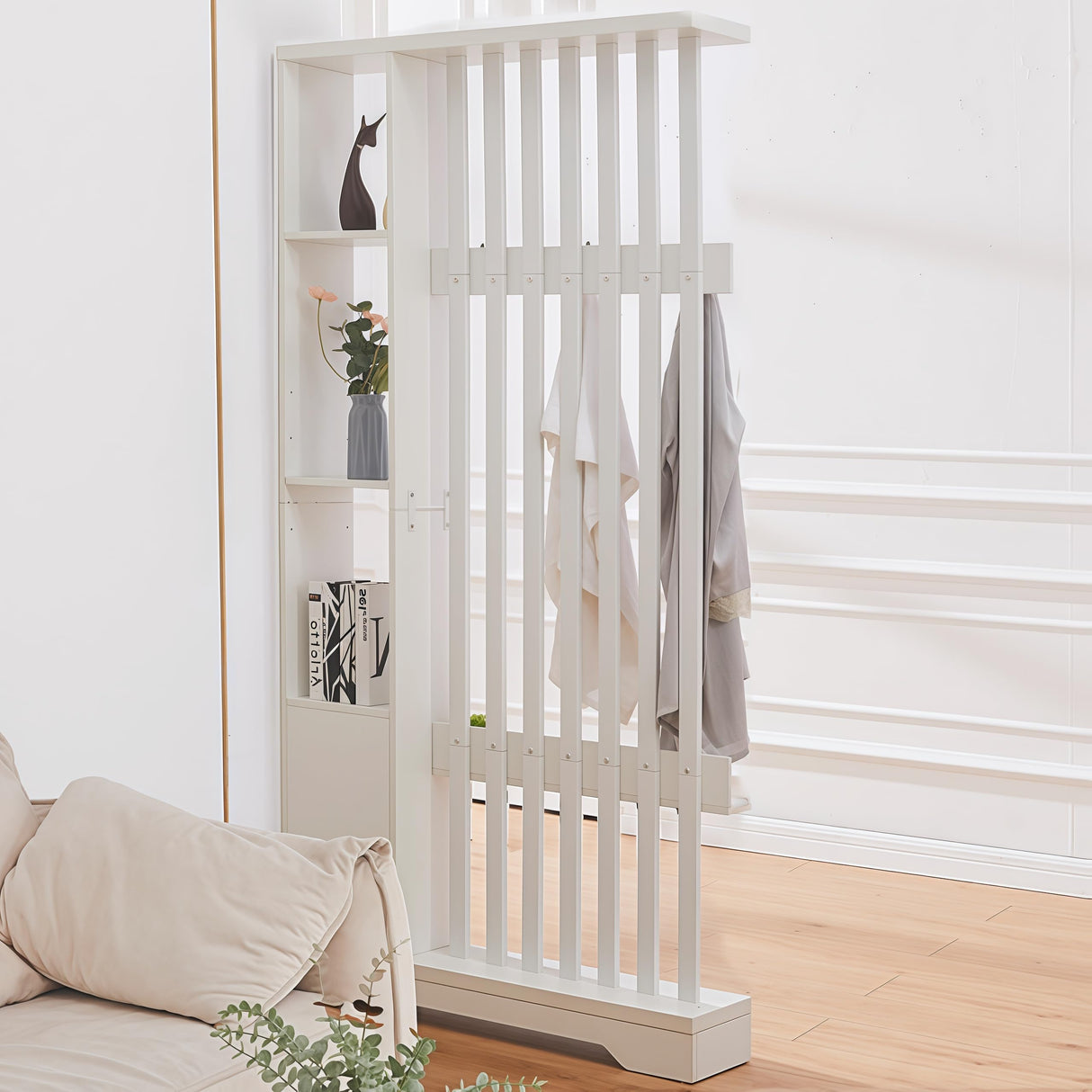 Room Divider with Shelves, Wall Room Divider Bookshelf, Freestanding Wood Privacy Screen with Storage Cabinet, Coat Rack, Display Shelf for Living Room Separation, Home Office Decorative (White) SAHISTCT