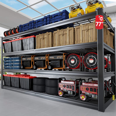 PMKES 77" W Storage Kitchen Shelves Heavy Duty Garage Shelving 4 Tier Metal Shelving Unit, Adjustable Shelves, 3800LBS Steel Industrial Shelving for Basement, Commercial, 77" W*24" D*72”H, Black