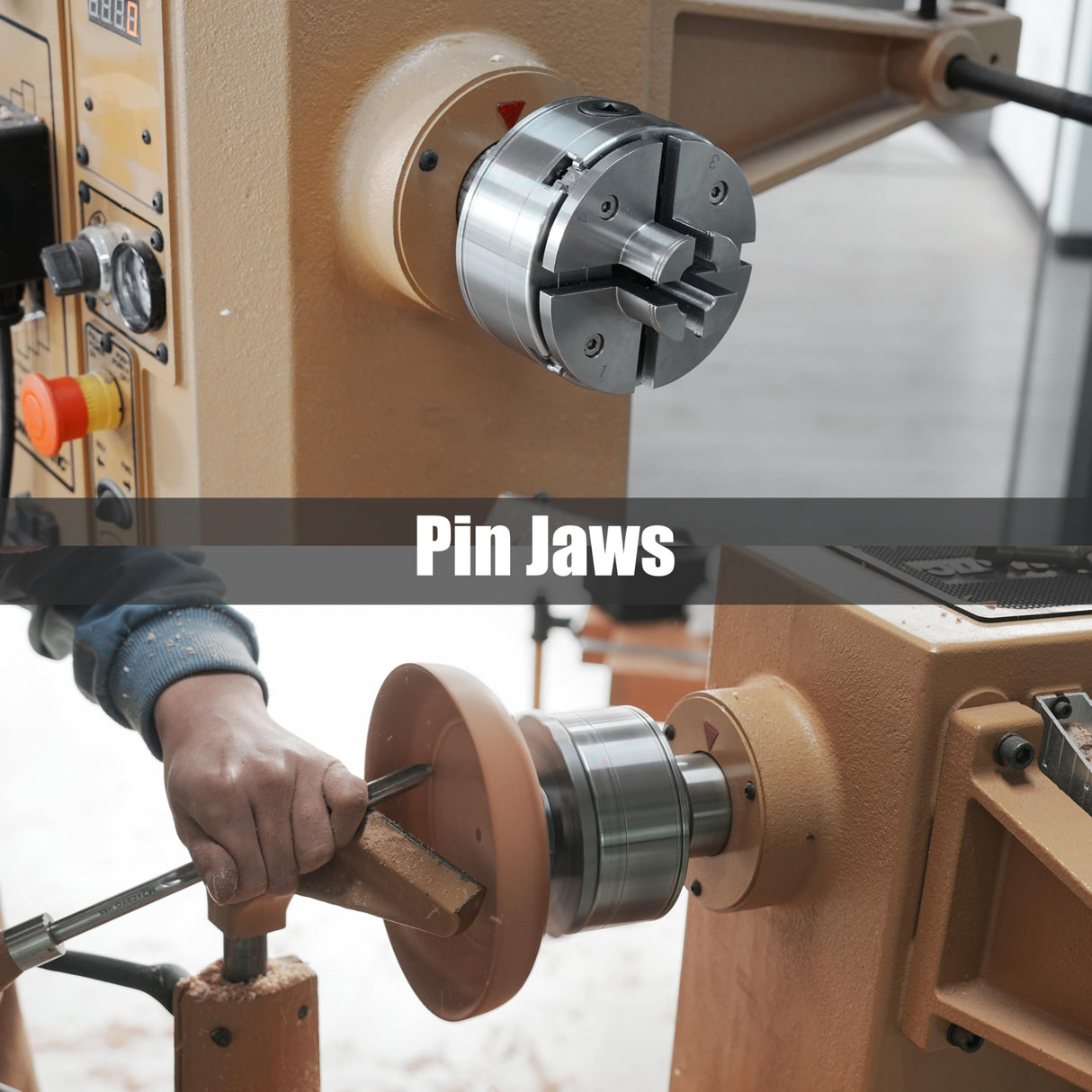 4.5" Woodlathe Chuck, Thread 1-1/4"x8TPI", Dovetail Jaws, Pin Jaws, 8" Flat Jaws, Step Jaws, Wide Jaws, Wood Screw, Thread adaptor to 1"x8TPI, Two Nylon Washers, Two Chuck Keys and T Handle Allen Key. BMWOOD