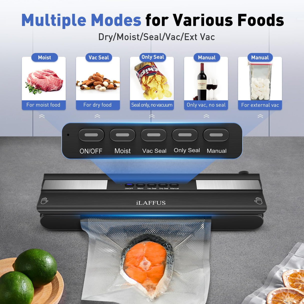iLAFFUS Cordless Vacuum Sealer Rechargeble Dry & Moist Modes Compact Design Powerful Multi-Functional Food Vacuum Sealer Machine with Cutter for Fruits Vegetables Meat Nuts iLAFFUS