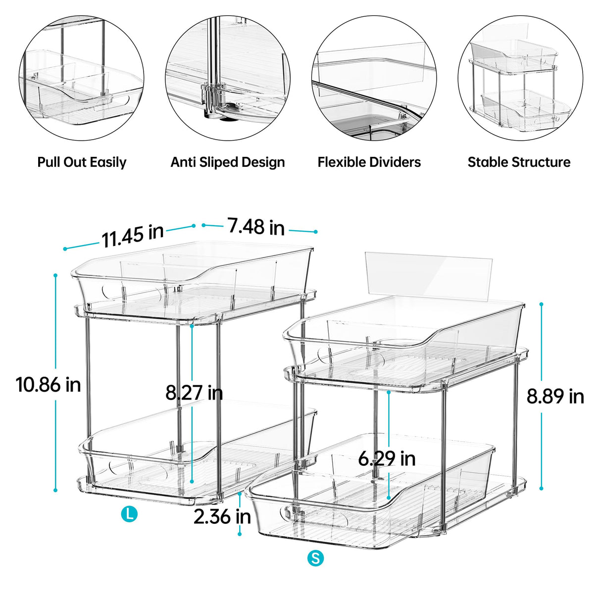 Delamu 2-Tier Under Sink Organizers and Storage, Multi-Purpose Stackable Bathroom Cabinet organizers, Pull Out Kitchen Pantry Organization and Storage with Dividers(2 Pack, Clear) Delamu