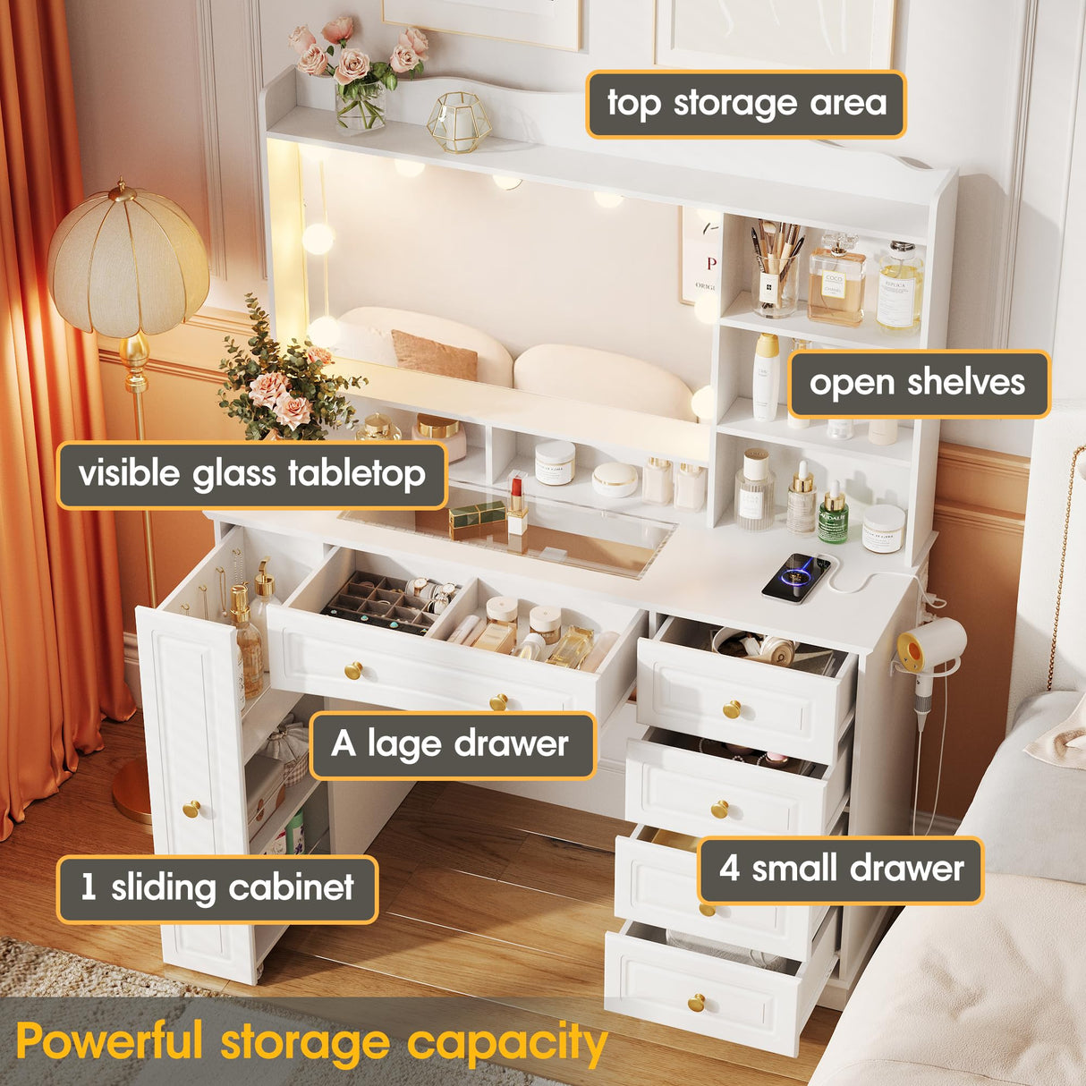 Maupvit 47.1" Makeup Vanity with Mirror and Lights,White Vanity Desk with Drawers and Shelves,Large Makeup Table with Glass Top,Bedroom Dressing Table Maupvit