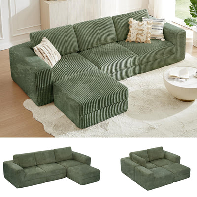 ONBRILL 110" Modular Sectional Sofa, L Shaped Couch 4 Seater with Sleeper Chaise, Sectional Couch with Deep Seat,Upholstered Corduroy Cloud Couches for Living Room,Bedroom,No Assembly Required,Green