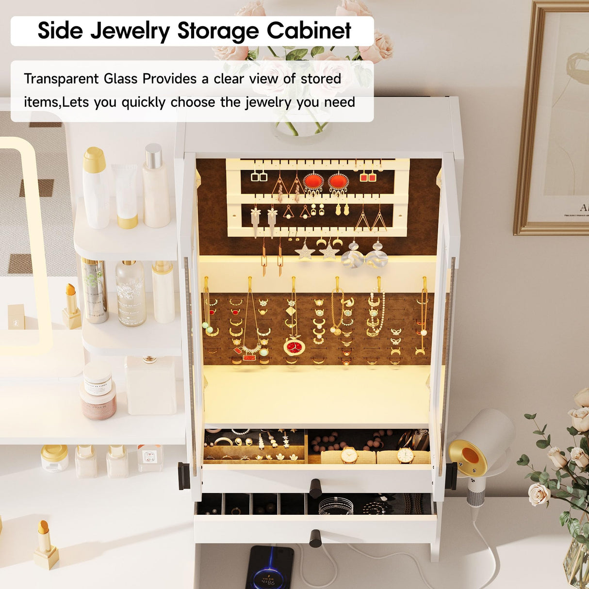 Vabches 57" Large Vanity Desk with Mirror and Lights,White Makeup Vanity Table with Jewelry Cabinet & 7 Drawers,Modern Dressing Table with Charing Sation & Shelves for Bedroom Vabches