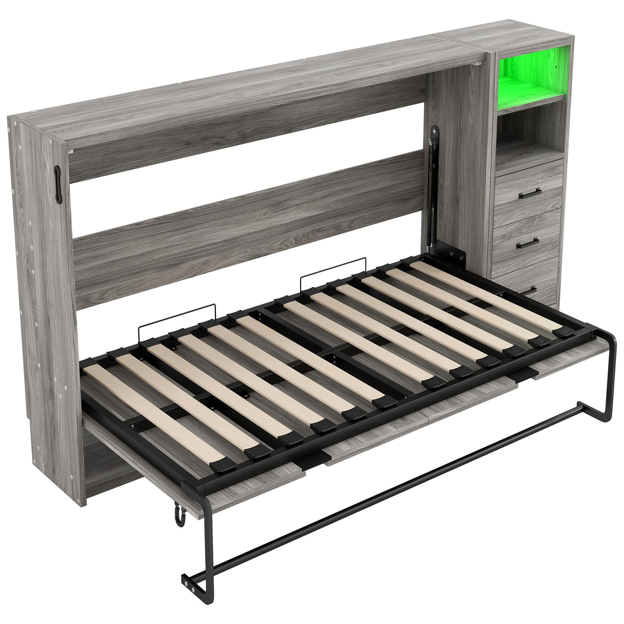 RUNNA Twin Size Murphy Bed with Drawers and LED Light, can be Folded into a Cabinet,Sturdy Solid Wood Bed Frame, Suitable for bedrooms or Offices with Limited Space,Gray RUNNA