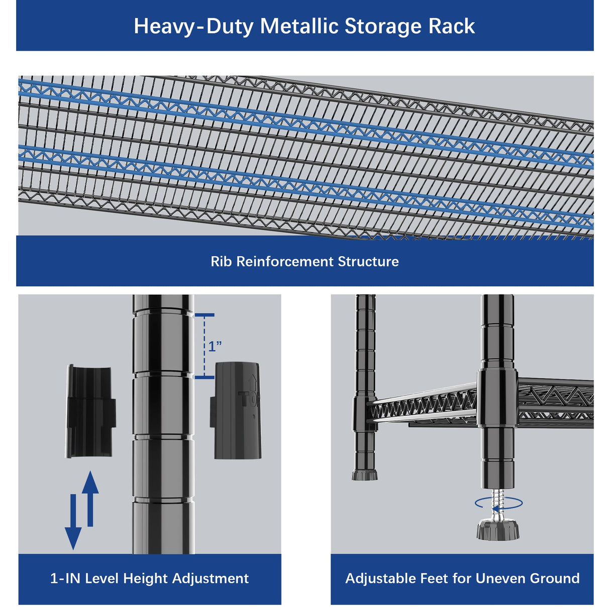 Heavy Duty Shelving, 47.6" H Garage Shelving Unit with Leveling Feet, 3-Tier Adjustable Garage Storage Shelves Metal Rack, Industrial Shelving for Warehaouse Storage, 60" W x 24" D x 47.6" H, Black GIOTORENT