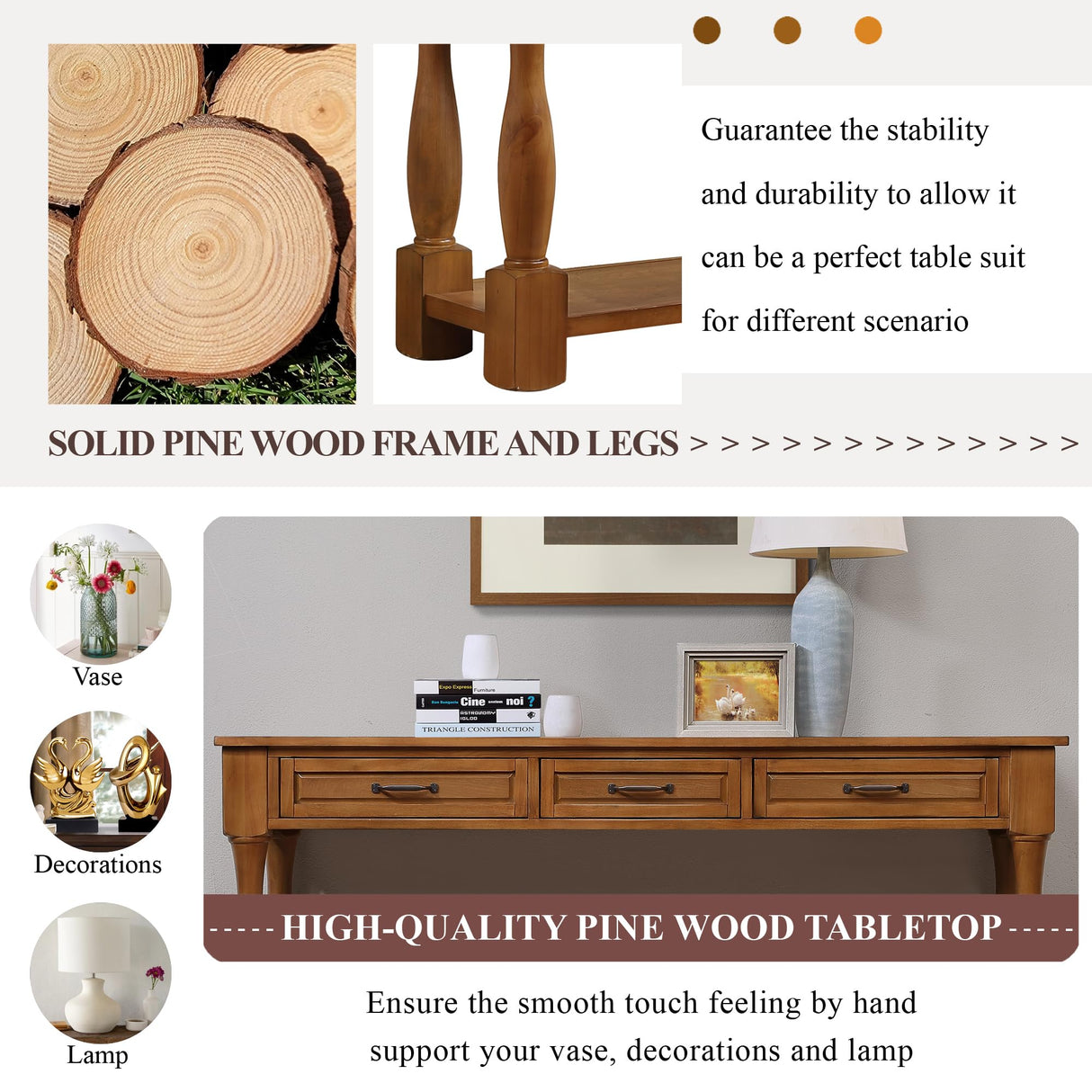 LKTART Solid Wood Console Table Sofa Table Entryway Table with 3 Drawers and 1 Bottom Shelf for Storage Entry Hallway Foyer Sofa (63" Brown) LKTART