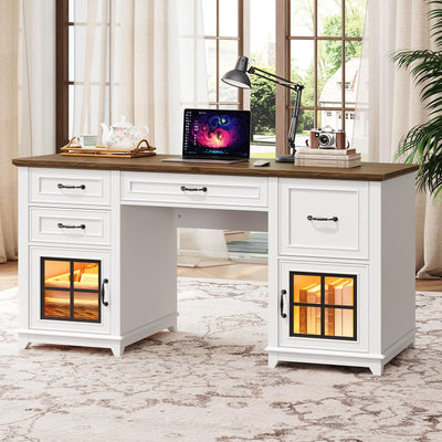 RALGEND 58" Farmhouse Executive Desk with Drawers, Wooden Home Office Desk with Power Outlet & LED Light, Computer Desk with File Drawer and Cabinet, Workspace for Study, White and Walnut