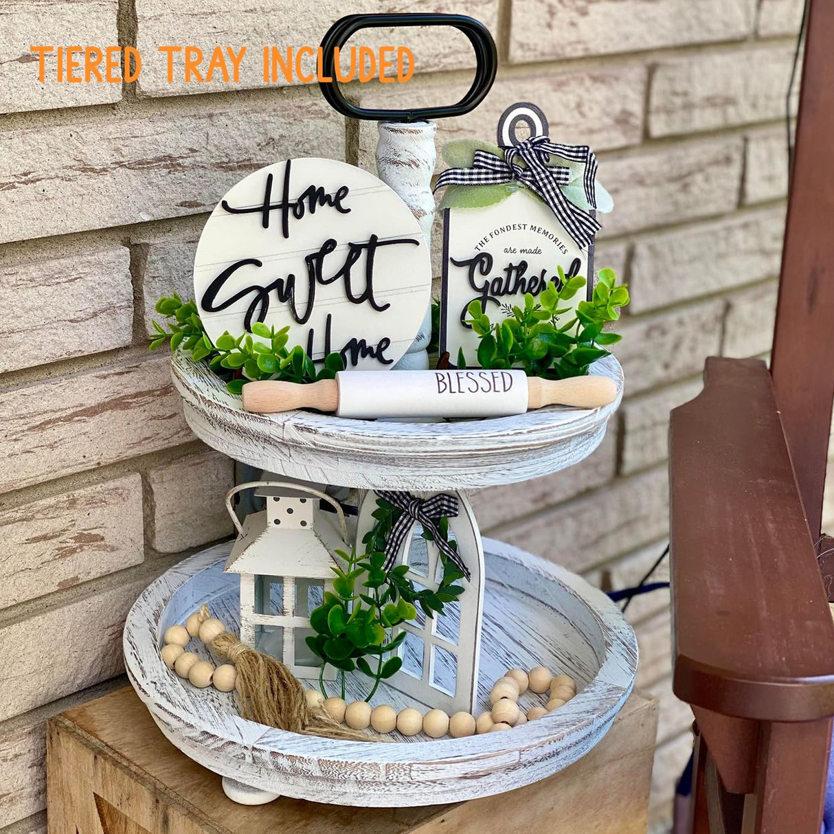 Houmury Set of 17 Farmhouse Tiered Tray with 1 Lantern Artificial Plant& Cutting Board Sign for Rustic Home Sweet Home Kitchen Decor Tier Tray Decor Set Houmury