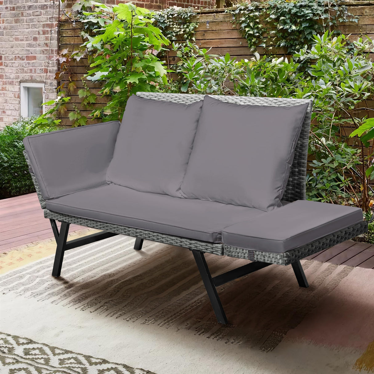 Greesum Outdoor Sofa, Woven Rattan Patio Furniture, Convertible Daybed or Double Chair with Adjustable Armrests, Cushions and Pillows for Yard, Porch, Pool, Gray Lounger & Blue Pillowcase Greesum