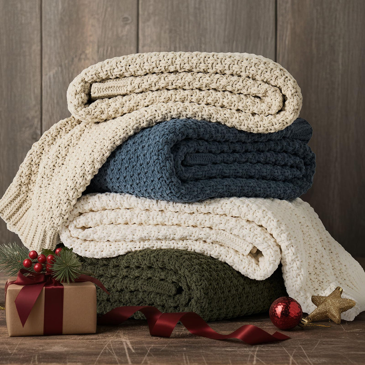 EVERGRACEHOME Chunky Chenille Knit Throw Blanket for Couch, Soft Luxurious Moss Stitch Blankets for Bed, Cozy Decorative Farmhouse Knitted Throws for Sofa, Beige, 50" x 60" EVERGRACEHOME