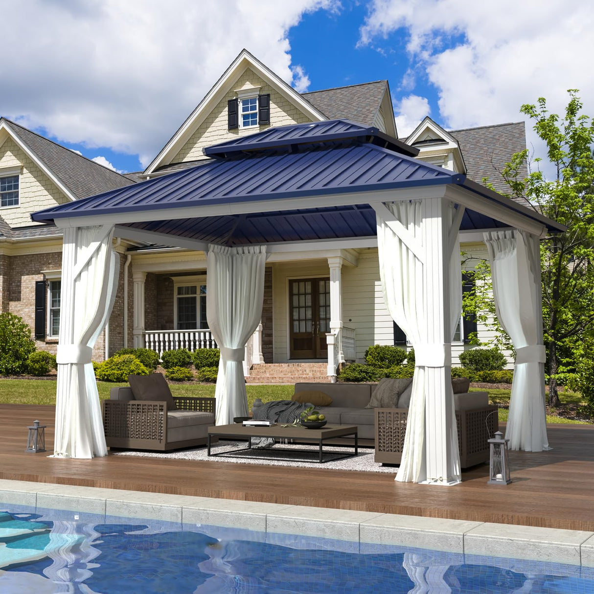 EROMMY 10'x12' Gazebo Hardtop, Galvanized Steel Double Roof Metal Gazebo with Aluminum Frame, Permanent Outdoor Pavilion with Curtain and Netting for Patio Lawn and Garden, Blue EROMMY