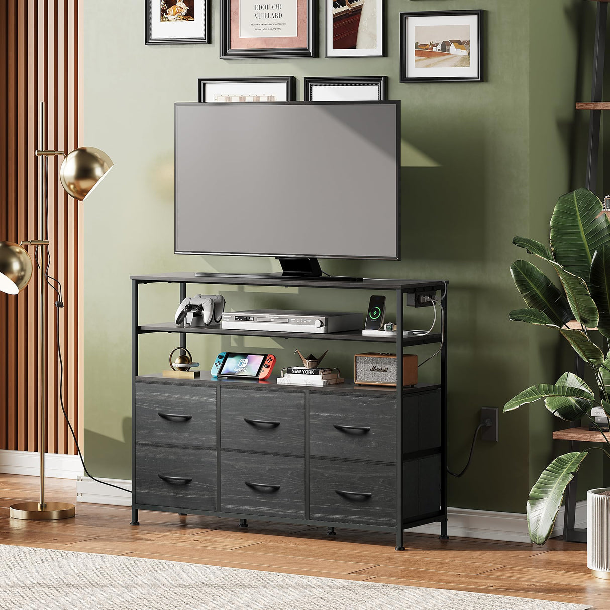 WLIVE Black TV Stand for 40, 45 inch TV, Entertainment Center with LED Lights & Charging Station, TV Media Console Table with 6 Fabric Drawers and Open Shelves for Living Room, Hallway, Wood Top WLIVE