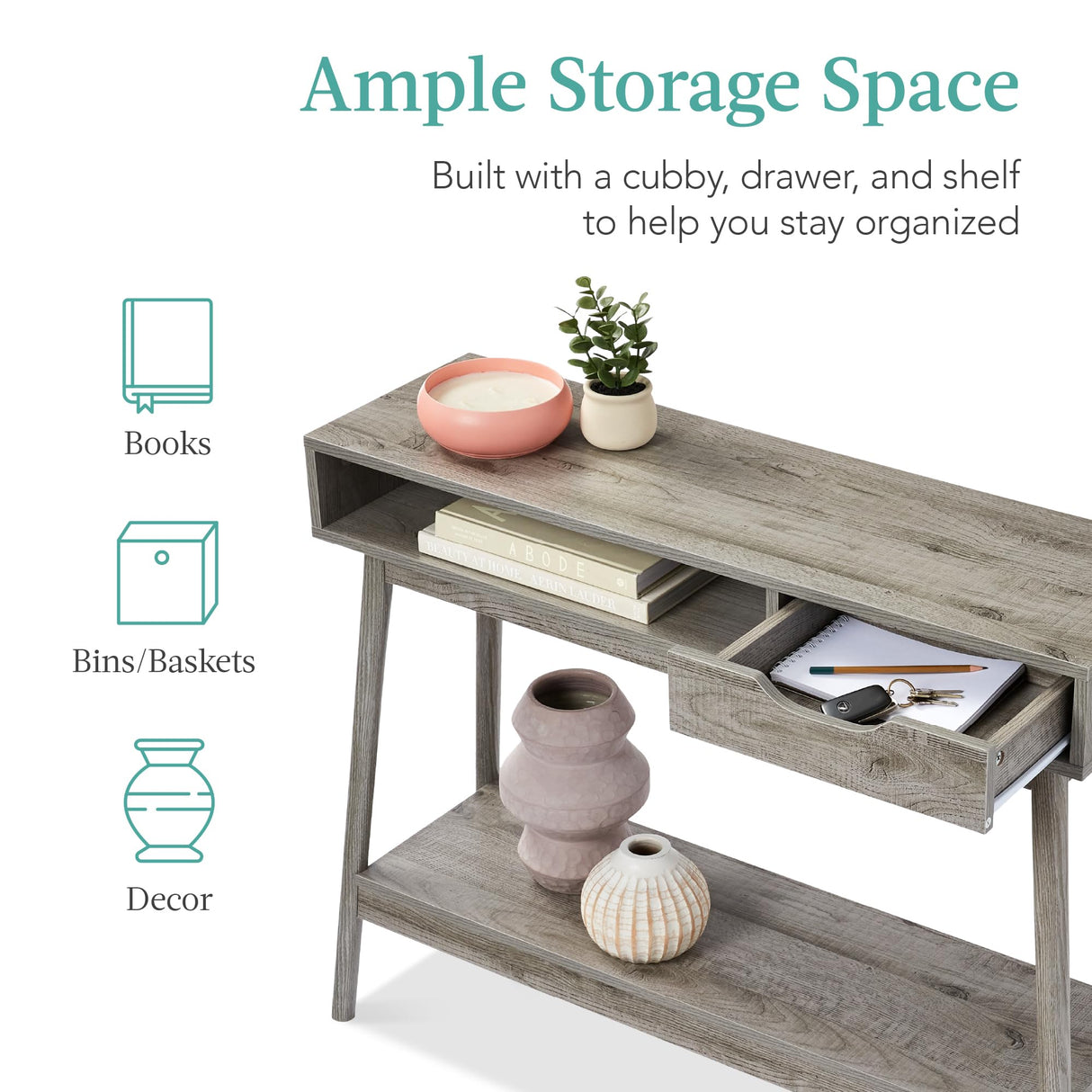 Best Choice Products Mid-Century Modern Console Table, Sofa Table, Accent Furniture for Hallway, Living Room, Entryway Foyer Space-Saving w/Cubby, Drawer, Lower Storage Shelf - Gray Best Choice Products