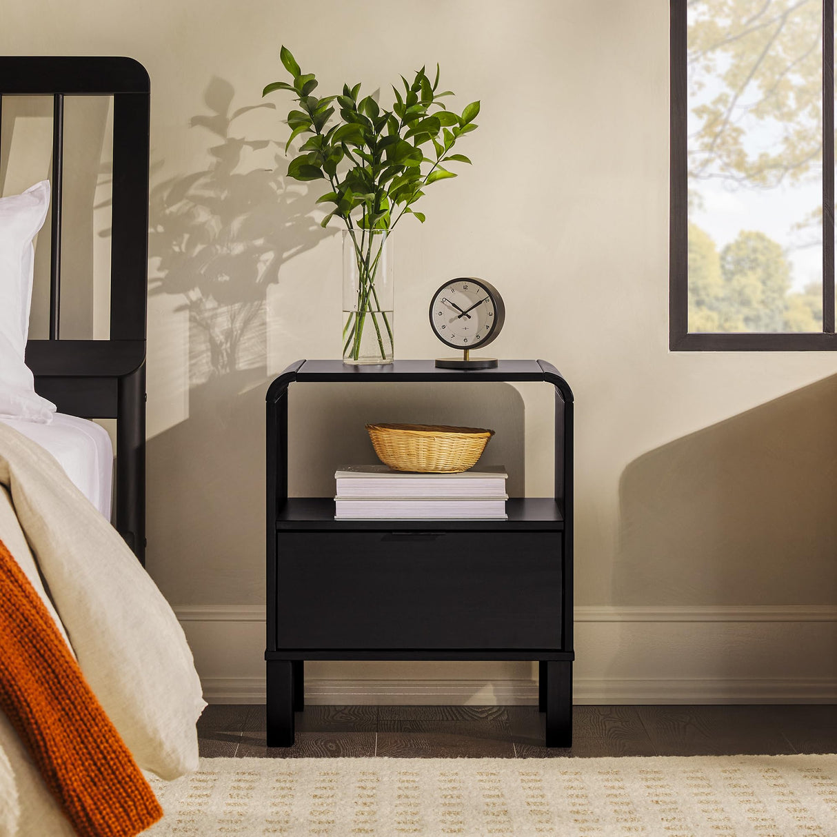 Walker Edison Modern Curved-Top Solid Wood 1-Drawer Nightstand with Open Cubby, 24 Inch, Black Walker Edison