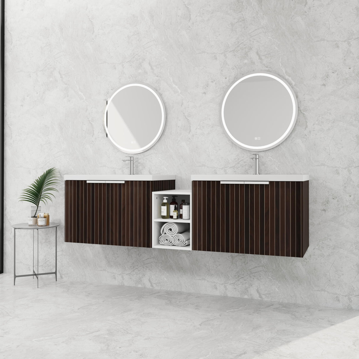 Lunanniu 71" Floating Bathroom Vanity with Double Sink Top Combo Set Ceramic Dual Basin Plywood Construction Soft Close Door Open Shelf Storage Cabinet Wall Mount Silver-Brown Stripe Lunanniu