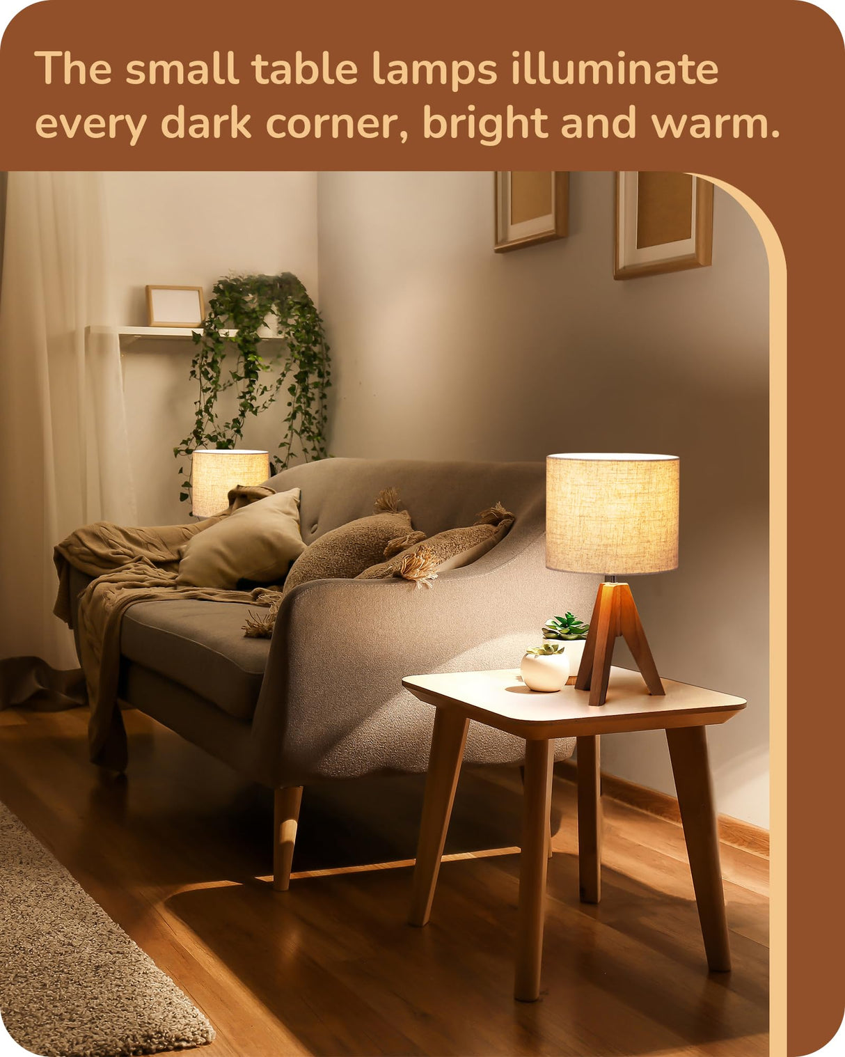 EDISHINE Small Table Lamp, Wooden Tripod Bedside Lamp with Linen Fabric Lampshade, 14.2" Nightstand Lamp for Bedroom, Living Room, Office, 2 Pack EDISHINE