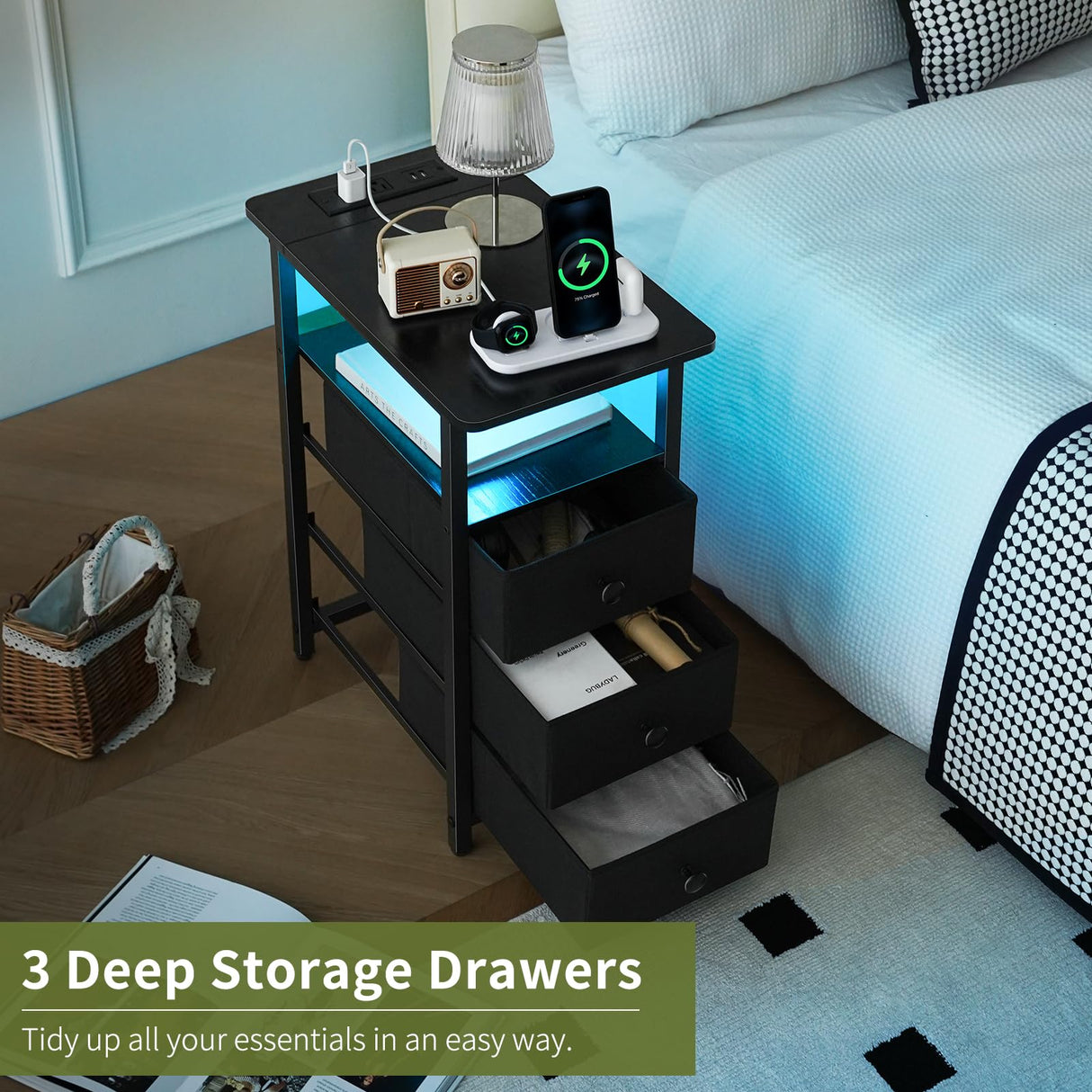 Yoobure End Table with Charging Station, LED Narrow Side Table Bedside Table, Small Night Stand End Tables Living Room, Skinny Nightstand with 3 Fabric Drawers, Side Tables Bedroom for Small Spaces Yoobure
