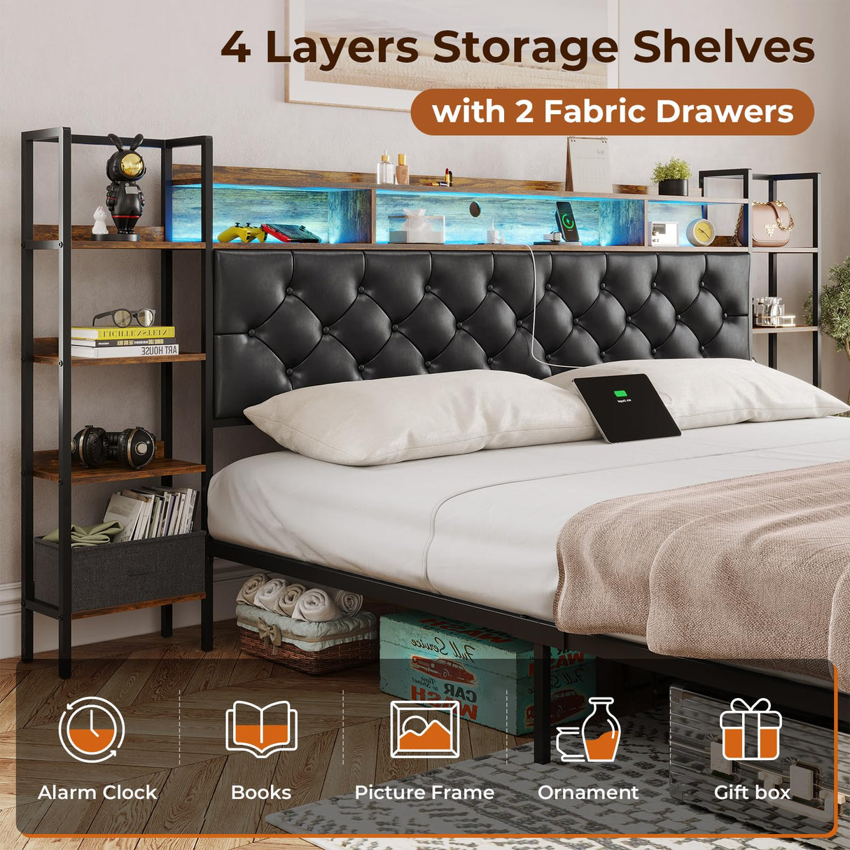 DICTAC King Size Metal Bed Frame with Smart Charging Headboard, Storage Shelves, and LED Lighting DICTAC