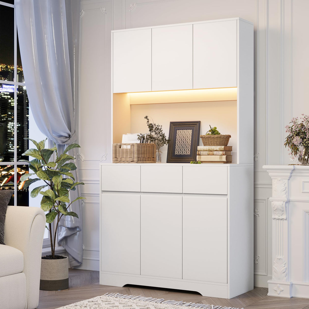 YBXGO 71'' Kitchen Pantry Cabinet with LED Light and Charging Station, Tall Kitchen Hutch Storage Cabinet with Microwave Stand, Modern Buffect Cabinet with Adjustable Shelves, Handless Design, White YBXGO