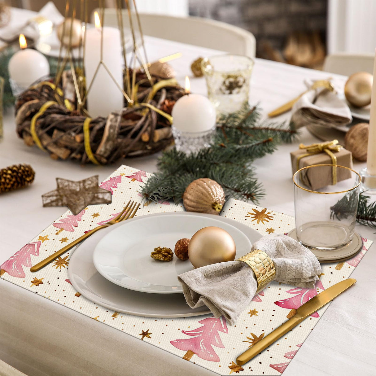 Christmas Placemats Set of 4, 12x18 Inch Pink Merry Christmas Trees Heat-Resistant Place Mats, Seasonal Winter Table Decors for Farmhouse Kitchen Dining Xmas Holiday Party Moutina
