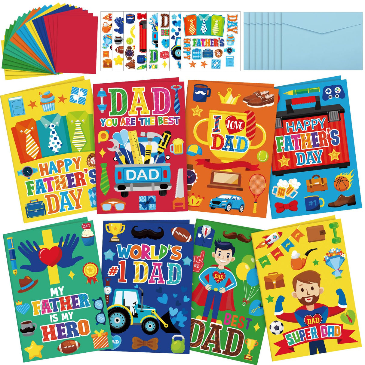 Fullhawl 48 Set Father's Day Card Making Kits DIY Father's Day Craft with Stickers and Envelopes Make Your Own Greeting Card Handmade Dad Gift for Party Home Activities Fullhawl