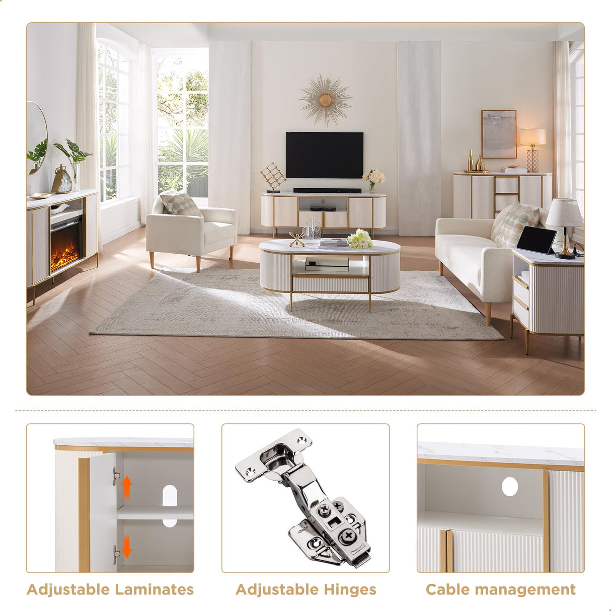 OKD Luxury 70" Fluted TV Stand, Modern Chic Entertainment Center for TVs Up to 80 inches, TV Console with Faux Marble Top, Curved Profile Design, Media Console for Living Room, Off White OKD