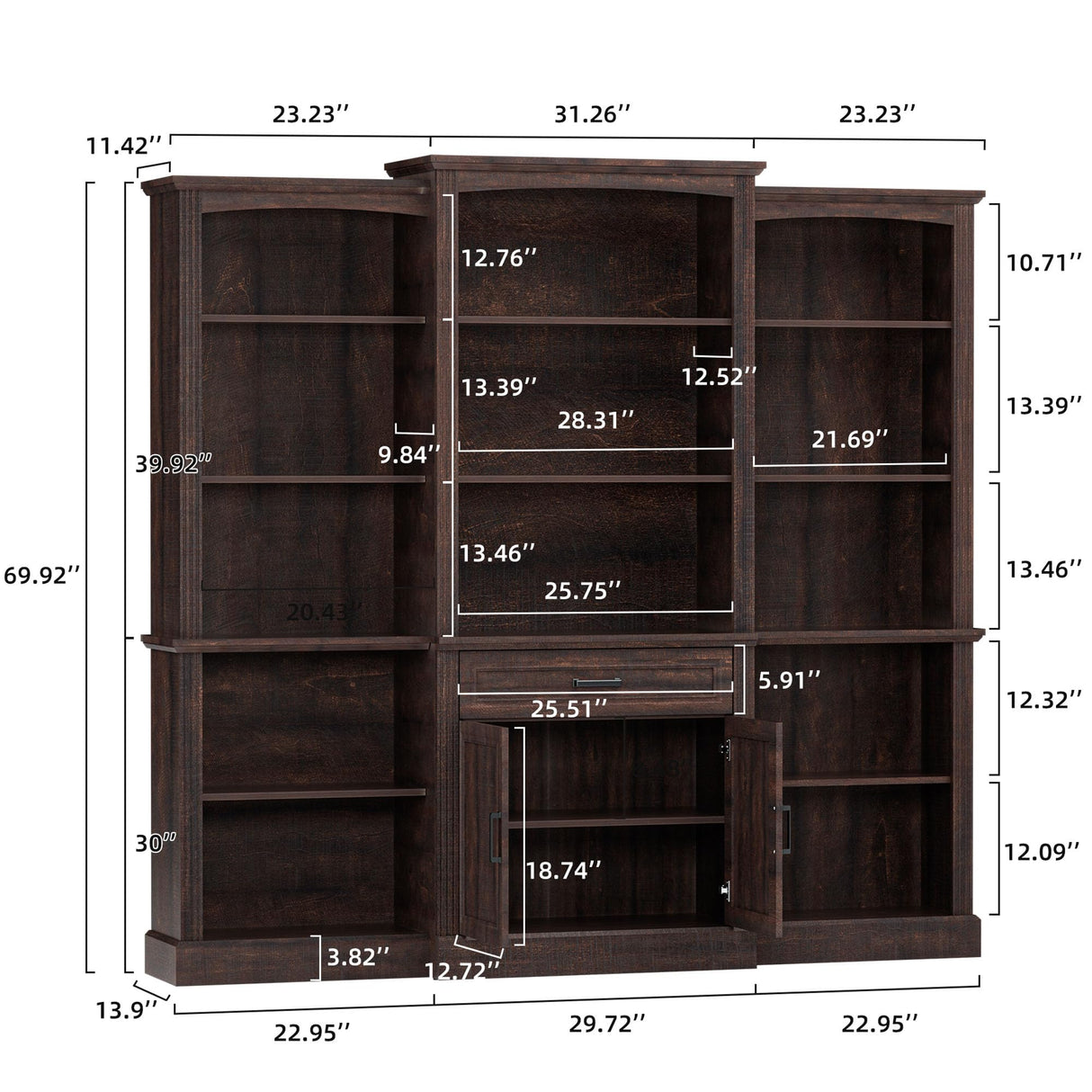 Spurgehom 70" Tall Bookshelves and Bookcases with Doors Large Bookshelf with Drawers, Farmhouse Bookcase with Storage Cabinet, Standing Display Storage Bookshelf for Home Office, Brown Spurgehom