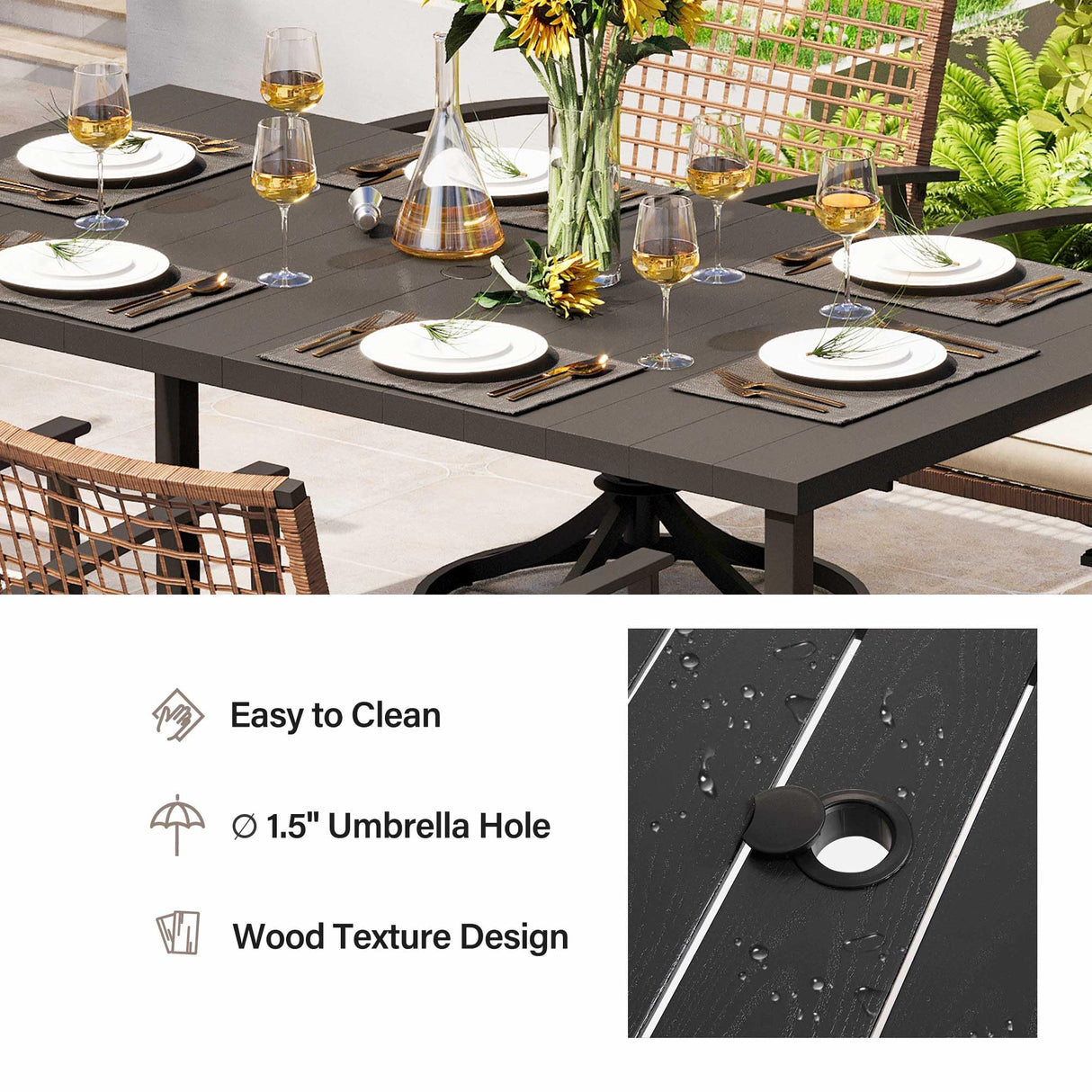 LAUSAINT HOME 7 Pieces Patio Dining Set, Outdoor Furniture Set of 6 Swivel Chairs with Soft Cushion and Iron Slats Table Top with Umbrella Hole, Conversation Set for Backyard LAUSAINT HOME