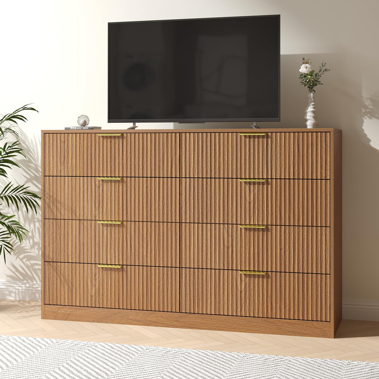 NOVAMAISON Fluted Dresser for Bedroom with 8 Drawer, 55” Wide Wooden Dresser Mid Century Chest of Drawers w/Gold Handle, Fluted Dressers TV Stand Closet Storage Organizer for Living Room, Natural Oak NOVAMAISON