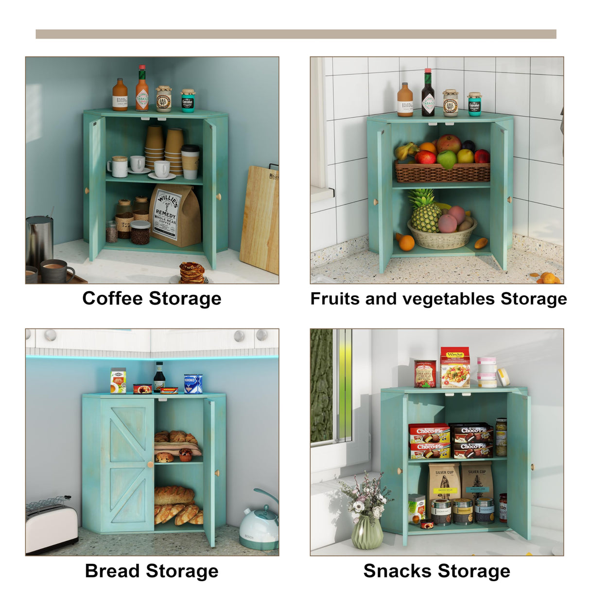 Trironsun Corner Bread Box for Kitchen Counter Double Layer Bamboo Bread Storage Container Large Capacity Bread Storage Bin Farmhouse Breadbox Organizer (Antique Blue) Trironsun